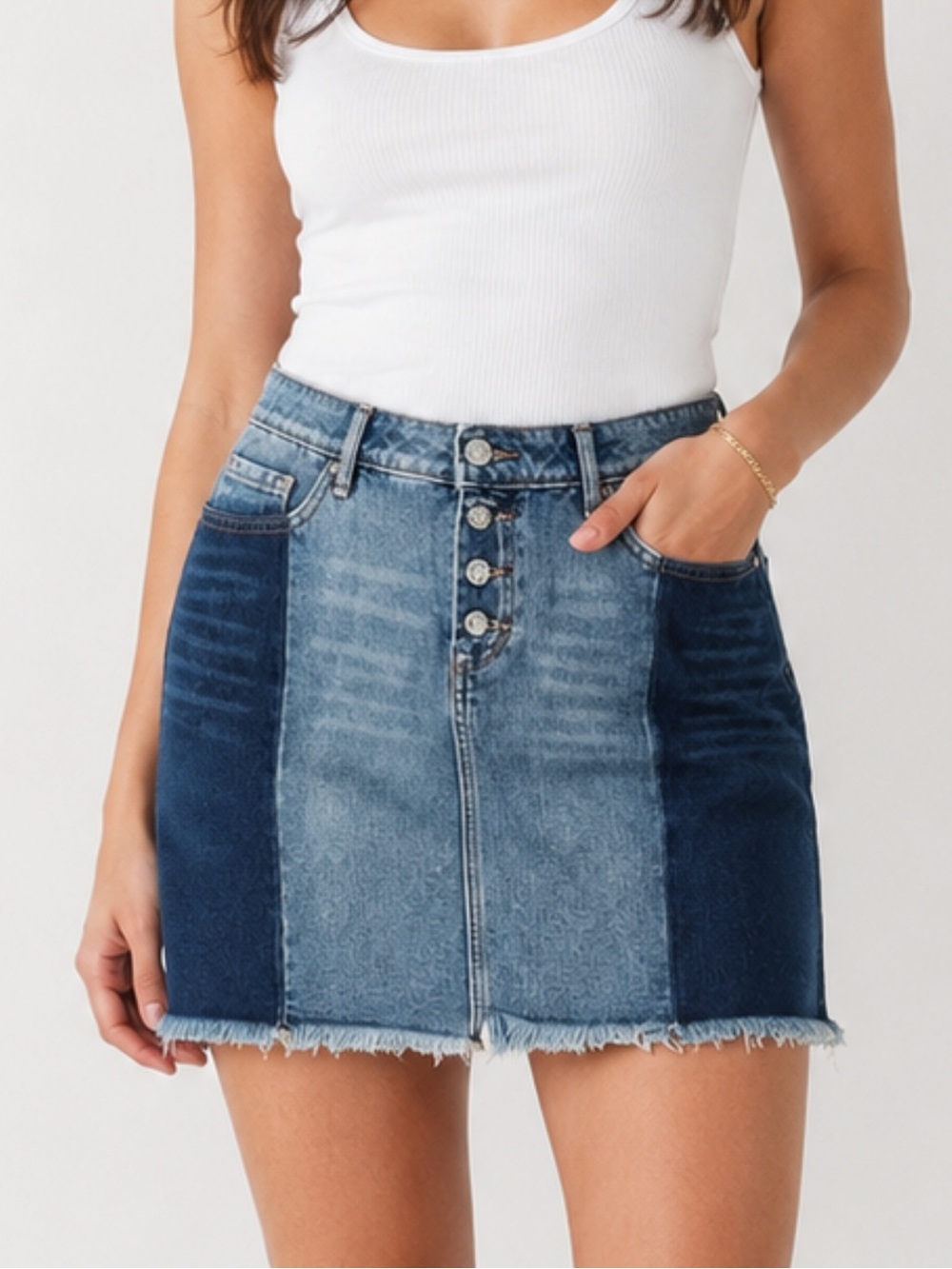 William Rast Colorblock 2-Tone Denim Mini Skirt Frayed Hem Button Fly (32)